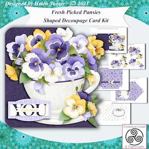 Printable  Fresh Picked Pansies Shaped 3D Decoupage Card Making Kit with Matching Envelope Suitable for Any Occasion