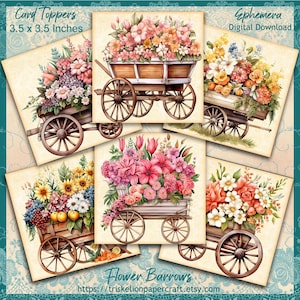 Printable Flower Barrows Square Card Toppers for Card Making, Tags, Journals, Digital Collage Sheet, Ephemera, 3.5 Inch Squares