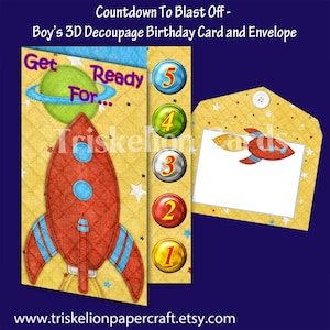 Countdown to Blast Off Asymmetric 3D Decoupage Card Making Kit with Envelope Boy's Birthday Space Rocket Card Printable Digital Download