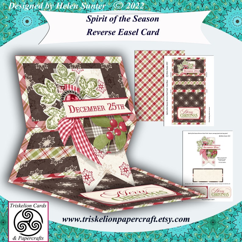 May include: A reverse easel card with a Christmas theme. The card features a red and white plaid pattern, a green holly sprig, and the text "December 25th". The card is open to reveal a white background with the text "Merry Christmas".