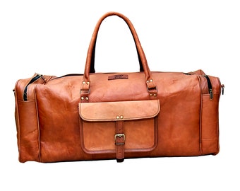 Oversized Travel Duffel Bag Genuine Leather Weekend bag Weekender Overnight Carryon reistas Bruin 28" Merk: C.P LEATHER