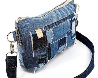 Small upcycling jeans bag, Boro patchwork
