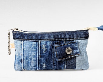 Astuccio realizzato con jeans riciclati/astuccio riciclato realizzato in denim/astuccio regalo sostenibile/borsa in jeans patchwork