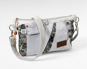 Small gray-beige jeans bag / upcycling shoulder bag made of recycled jeans / jeans handbag in a patchwork design with folklore flair
