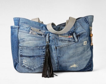 Large jeans bag made of upcycled jeans/Sustainable jeans shopper/Jeans bag for school, university, office/Upcycled jeans bag in landscape format