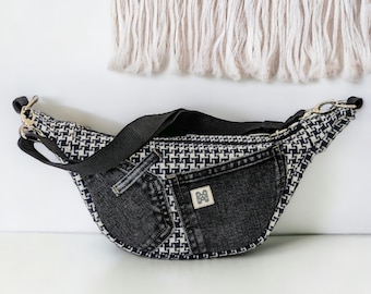 Half moon bag black and white checkered/handbag houndstooth pattern/shoulder bag half round/small handbag classic checkered