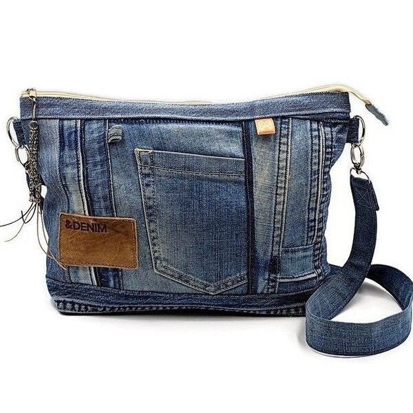 Upcycling jeans bag in patchwork look, washed-out blue