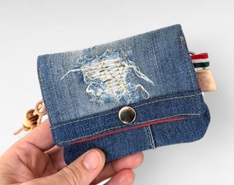 Small mini wallet made from recycled jeans / sustainable gift idea for environmentally conscious denim lovers / shabby chic wallet