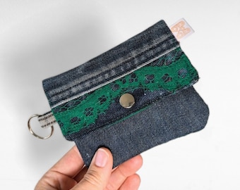 Sustainable mini wallet made from recycled jeans with green lace - practical and a great gift idea for denim lovers