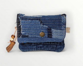 Small upcycled denim wallet in a stylish Japanese-inspired Boro patchwork design