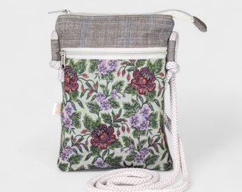 Feminine cell phone bag made of elegant dirndl fabric with cord for hanging around the shoulder / beige floral cell phone bag with zipper / small shoulder bag