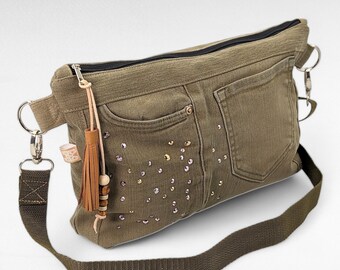 Olive green jeans bag for women made from upcycled jeans - stylish, sporty look with glittering stones and sustainability guarantee