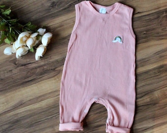 Baby Girl Clothes Pink Sleeveless Ribbed Romper Jumpsuit with Rainbow Patch | 6 Month - 24M | Soft and Cozy | Buttons Along the Leg