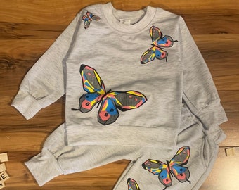Baby Girl Butterfly Pattern Sweatshirt with Sweatshirt | Toddler Sweatpants | Butterfly Bottoms | Autumn Sweater | Toddler Clothes