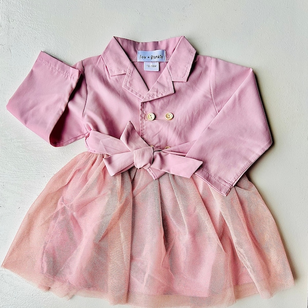 Baby Girl Pink Blazer Trench Coat Dress with TuTu | Toddler Girl Clothes | 6Month - 3Y | Summer Outfit | Designer Clothes | Tulle Tutu |