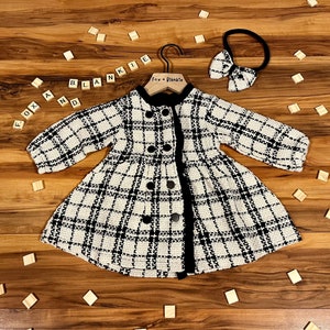 Baby Girl Plaid Dress with Headband 6 Month 3Y Black and White Button Up Top Toddler Girl Clothes Spring Outfit FoxBlankie image 1