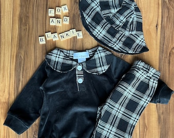 Velvet 3 Piece Black and White Outfit with Hat