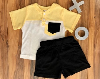 18 Month - 5Y Yellow and White Toddler Summer Shirt with Black Shorts | Trendy Set | Waffle Shirt Style |