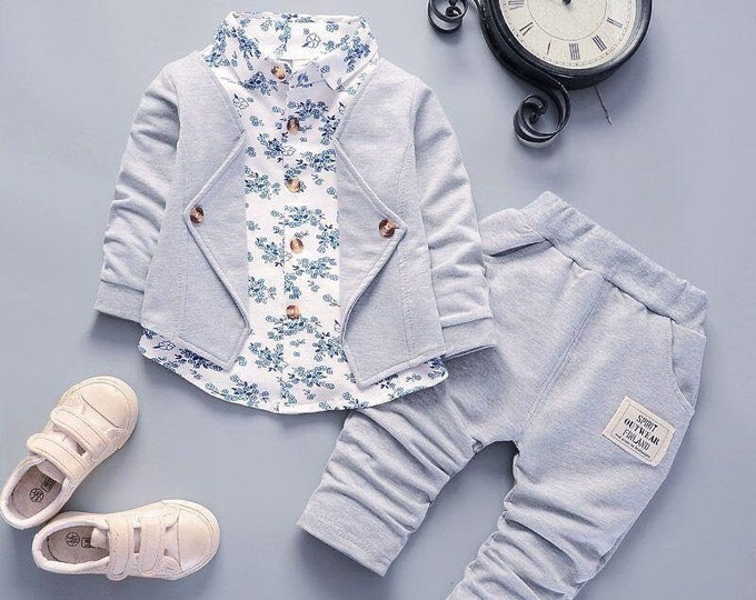 Featured listing image: Stylish Baby Boy Outfit with Blue Floral Faux 2 Top And Pants
