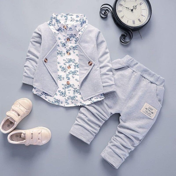 Stylish Baby Boy Outfit with Blue Floral Faux 2 Top And Pants | Ring Bearer Outfit | Wedding Outfit | Formal Pants | Trendy |Toddler Suit