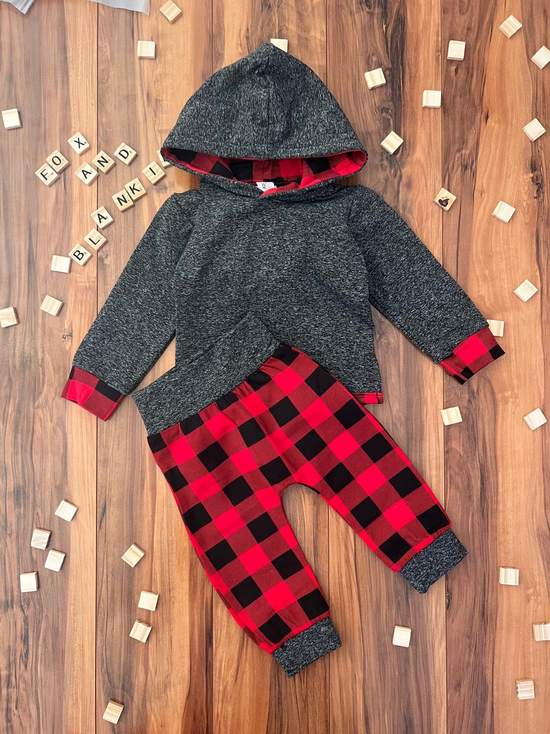 Baby Boy Flannel Outfit Set Red, Black, and Gray Hooded Bodysuit With