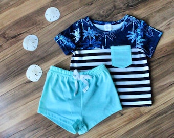 Baby Boy Clothes Outfit Palm Tree Short Sleeve Shirt with Black and White Stripes and Teal Shirt Pocket with Teal Shorts | 0 Months - 18M