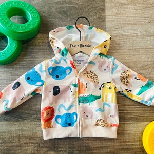 Baby Boy Zip Up Animal Hoodie | 0 - 3 - 6 - 9 - 12 Month Zipper Jacket | Fall Autumn Clothes | Koala Elephant Lion Turtle Giraffe Print