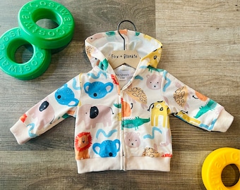 Baby Boy Zip Up Animal Hoodie | 0 - 3 - 6 - 9 - 12 Month Zipper Jacket | Fall Autumn Clothes | Koala Elephant Lion Turtle Giraffe Print