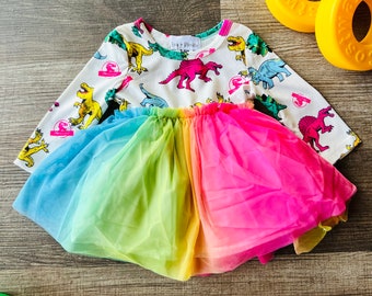 Toddler Girl Dino Princess Ruffled Pink Dress | Toddler Girl Clothes | 3 Month - 24M | Fall Outfit | Designer Clothes | Dinosaur Tutu