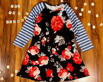 Red Flower Covered Flower Dress with Striped Long Sleeves | 18 months - 5Y | Toddler Clothes | Flower Girl Dress | Fox+Blankie