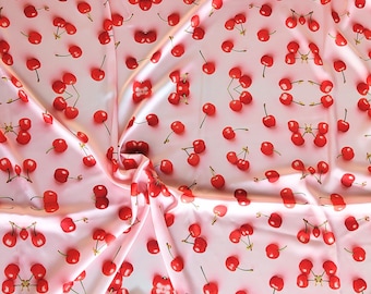 Cherry Fabric, Satin Fabric by the Yard, Red Cherries Satin Fabric by Meter, Cherry Decor, Dress Fabric, Summer Fabric, Craft and Clothing