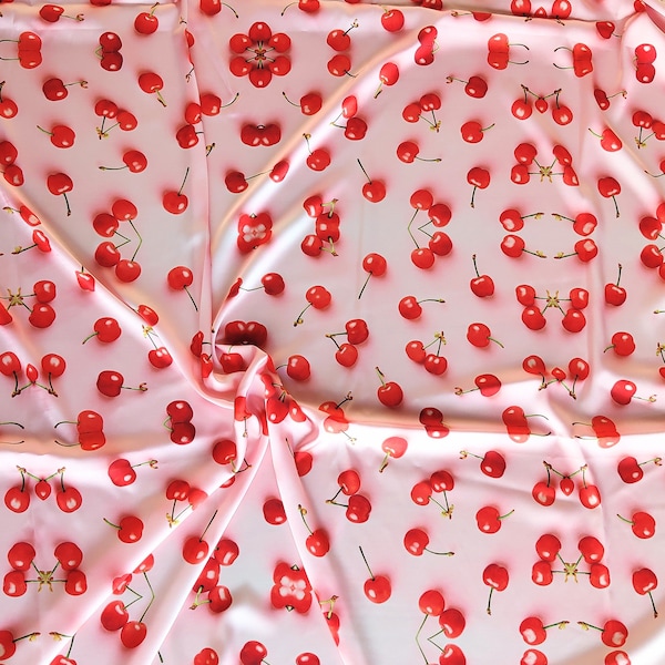 Tissu de cerise, tissu de satin par yard, tissu de satin de cerises rouges par mètre, décor de cerise, tissu de robe, tissu d'été, artisanat et vêtements