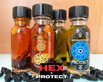 Paquete de 2 aceites de conjuro: Hex & Protect, Caos y Confusión + aceites de protección, con piedras de obsidiana negra.