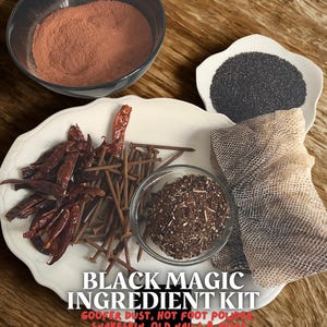 May include: A collection of ingredients for a Black Magic Ingredient Kit. The image shows a variety of items, including a bowl of red powder, a white plate with dried red peppers and nails, and a small bowl of dark granules.