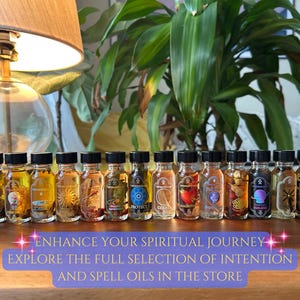 A collection of handcrafted conjure oils from The Magick Lab on Etsy, including Magnetic Attraction Oil, Courage & Confidence Oil, Cut and Clear, Aura of Venus, Protection Oil, Chaos and Confusion, Psychic Amplifier, Third Eye Opener, Uncrossing Oil, Master Key, Road Opening Oil and more.  Each blend is infused with herbs, crystals, and intentions for love, protection, confidence, and spiritual cleansing, suitable for use in hoodoo, witchcraft, Wicca, and pagan rituals.