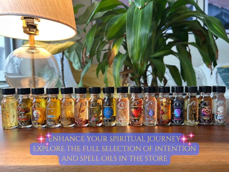 A collection of handcrafted conjure oils from The Magick Lab on Etsy, including Magnetic Attraction Oil, Courage & Confidence Oil, Cut and Clear, Aura of Venus, Protection Oil, Chaos and Confusion, Psychic Amplifier, Third Eye Opener, Uncrossing Oil, Master Key, Road Opening Oil and more.  Each blend is infused with herbs, crystals, and intentions for love, protection, confidence, and spiritual cleansing, suitable for use in hoodoo, witchcraft, Wicca, and pagan rituals.
