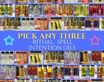Elige 3 aceites para rituales, hechizos, intenciones y el zodíaco (hoodoo, wicca, aceites paganos).