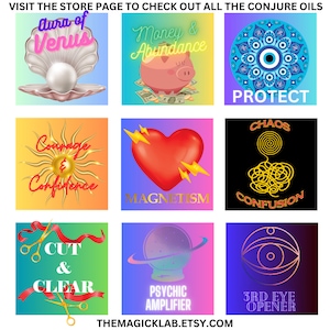 a collection of handcrafted conjure oils from The Magick Lab on Etsy, including Magnetic Attraction Oil, Courage & Confidence Oil, Cut and Clear, Aura of Venus, Protection Oil, Chaos and Confusion, Psychic Amplifier, Third Eye Opener, Uncrossing Oil, Master Key, Road Opening Oil and more.  Each blend is infused with herbs, crystals, and intentions for love, protection, confidence, and spiritual cleansing, suitable for use in hoodoo, witchcraft, Wicca, and pagan rituals.