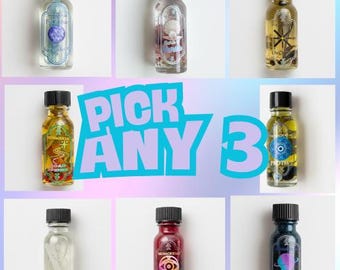 Elige 3 aceites para rituales, hechizos, intenciones y el zodíaco (hoodoo, wicca, aceites paganos).