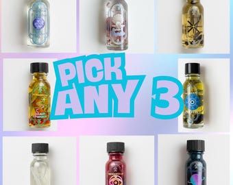 Elige 3 aceites para rituales, hechizos, intenciones y el zodíaco (hoodoo, wicca, aceites paganos).