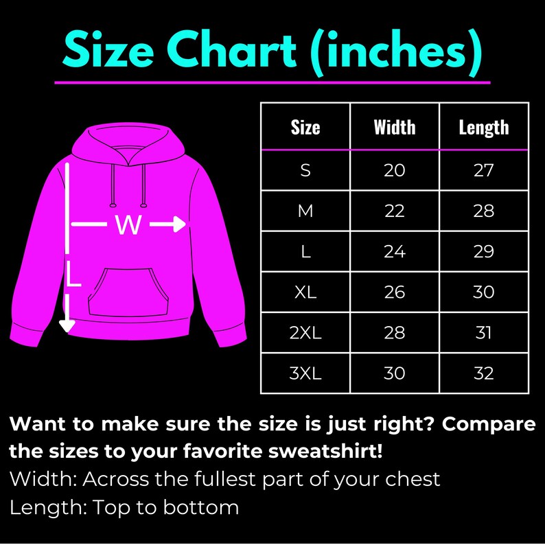 May include: Size chart for a hoodie in inches. The chart shows the width and length of the hoodie in inches for sizes S, M, L, XL, 2XL, and 3XL. The chart also includes a diagram of a hoodie with the width and length measurements labeled.