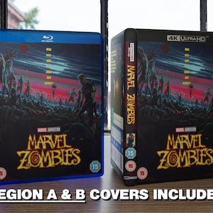 May include: Two Blu-ray and 4K Ultra HD cases for "Marvel Zombies" are shown. The cases have a dark, action-packed cover with zombie characters and the title in a stylized font. The text "REGION A & B COVERS INCLUDED" is at the bottom.