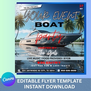 Boat Party Flyer, Boat Yacht Invitation, Editable Template, Canva Invite, Boat Party Invitation