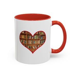 Heart-Shaped Bookshelf Mug, Book Lover Coffee Mug, Cozy Reading Mug, Gift for Readers, Literary Mug, Cute Mug for Bookworms, Bookish Gift