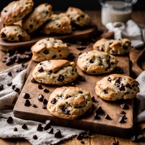 May include: A collection of freshly baked chocolate chip scones arranged on wooden boards. The golden-brown pastries are studded with dark chocolate chips, with some scattered around the scones. A rustic, appetizing display.