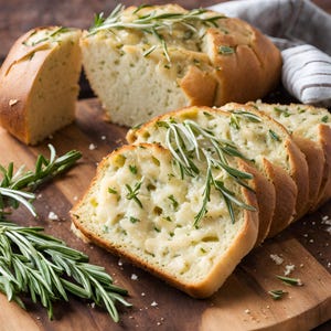 May include: A sliced loaf of bread, possibly focaccia, with visible herbs, likely rosemary, on a wooden board. The bread is light in colour with a textured surface, and sprigs of fresh rosemary are placed on top. A portion of the loaf is cut.