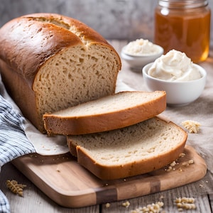 May include: A loaf of sliced white bread on a wooden cutting board. The bread is light brown and has a soft, fluffy texture.