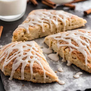 May include: Three triangular scones with a white glaze drizzled over the top. The scones are on a dark gray surface with white powder sprinkled on top.
