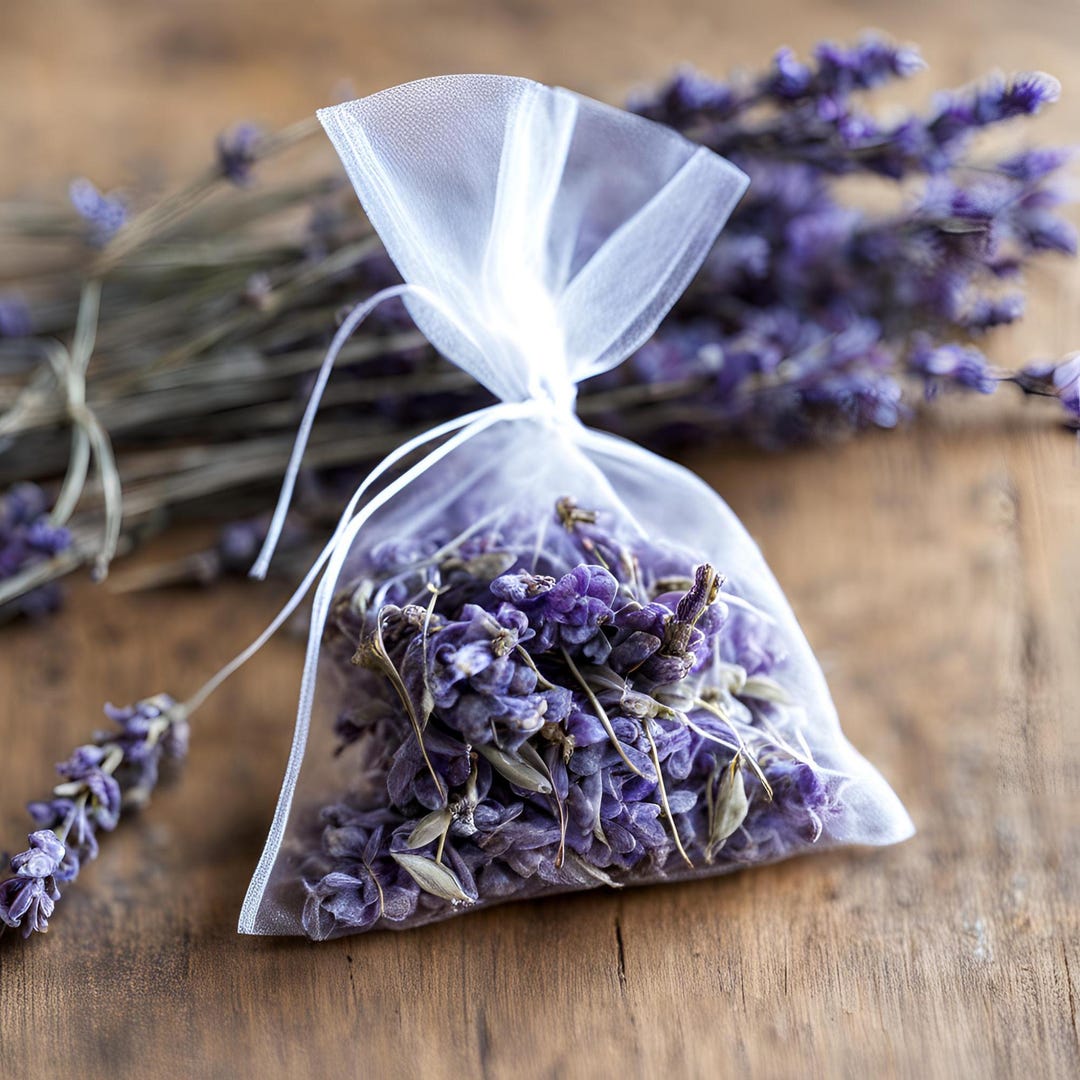 Small lavender sachet filled with dried lavender buds