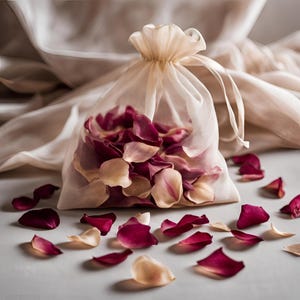 Könnte beinhalten: Eine weiße, durchsichtige Tasche gefüllt mit rosa und burgunderfarbenen Rosenblättern. Die Tasche ist mit einem weißen Band gebunden und steht auf einer weißen Oberfläche. Mehrere Rosenblätter sind um die Tasche herum verstreut.